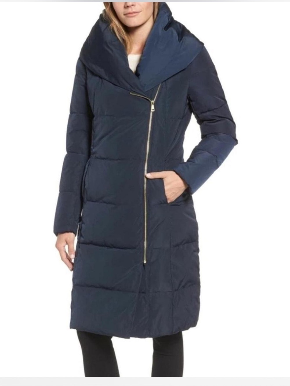 Cole Haan Women's Navy Down Asymmetric Zip Puffer Coat Hooded Shawl Collar XL